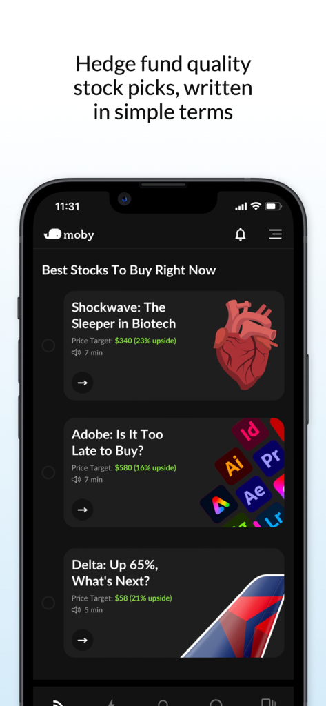 Moby: Invest Smarter - Moby app screen showing a list of stock investment picks and research reports with price targets for Shockwave, Adobe and Delta