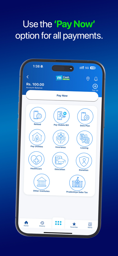 Mobitel mCash - Interfaz de la aplicación Mobitel mCash mostrando categorías de pago que incluyen servicios públicos, seguros y facturas móviles