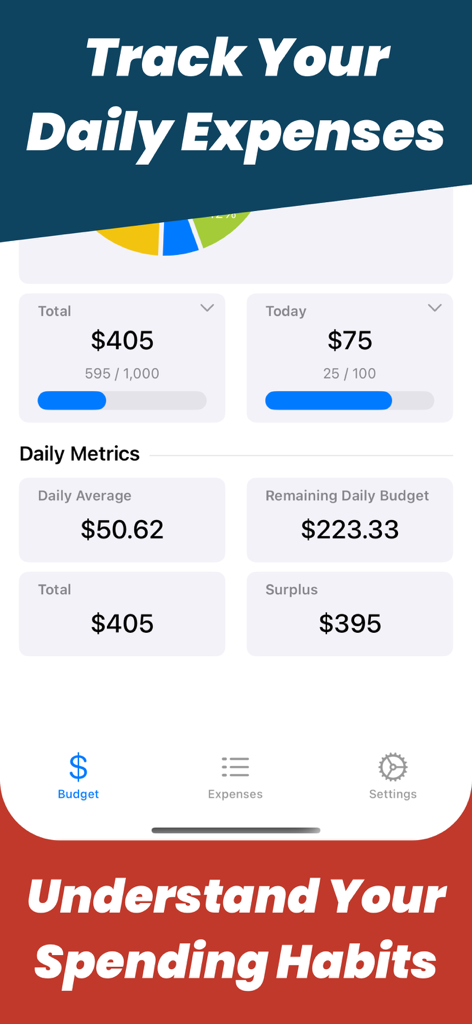 Dashboard of the Travel Spend Costari app showing daily budget tracking and expense metrics.