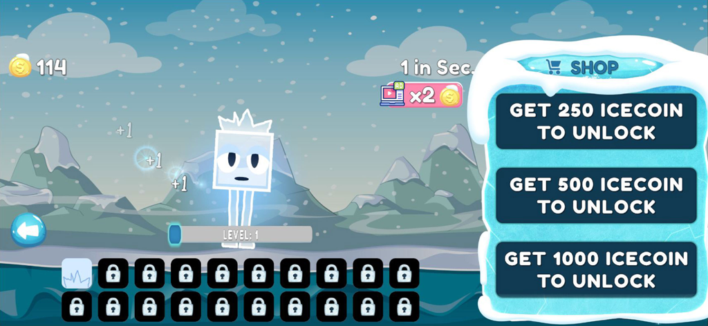 Cool As Ice Idle World Clicker - Cool As Ice game interface showing a shop menu and frozen landscape