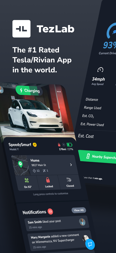 TezLab - For Tesla/Rivian - TezLab app interface showing Tesla Model Y charging status, vehicle controls, and driving statistics.