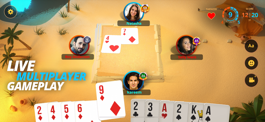 Tarneeb Masters - لعبة طرنيب - Live multiplayer gameplay of the Tarneeb Masters card game showing four players and a desert themed interface