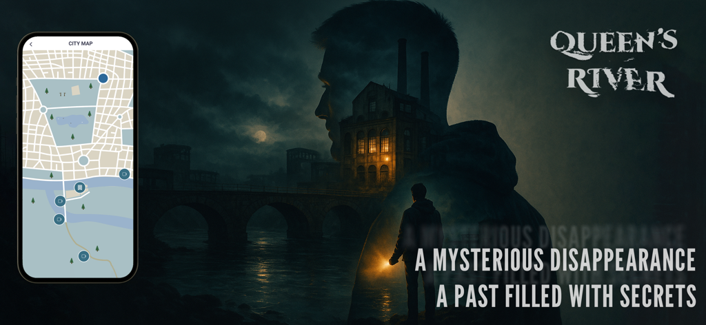 Queen’s River: Mystery Game - Um smartphone exibindo um mapa da cidade ao lado de uma imagem cinematográfica escura de um detetive investigando uma fábrica misteriosa sob o luar.