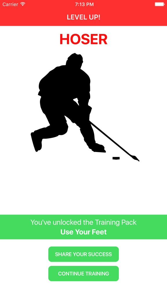 Écran de l'application Dangle Time montrant la silhouette d'un joueur de hockey et une notification de passage au niveau « Hoser » avec un pack d'entraînement débloqué.