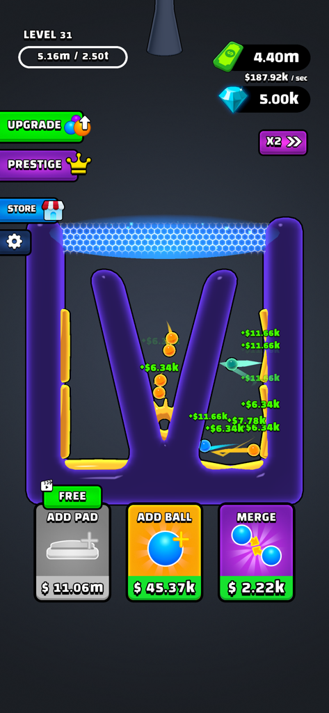 Captura de pantalla del juego Balls Bounce mostrando bolas rebotando en un contenedor en forma de V con botones de mejora y fusión