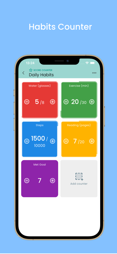 Score Counter - Score Keeper - ScoreBoardly app interface showing various daily habit counters like water intake and exercise