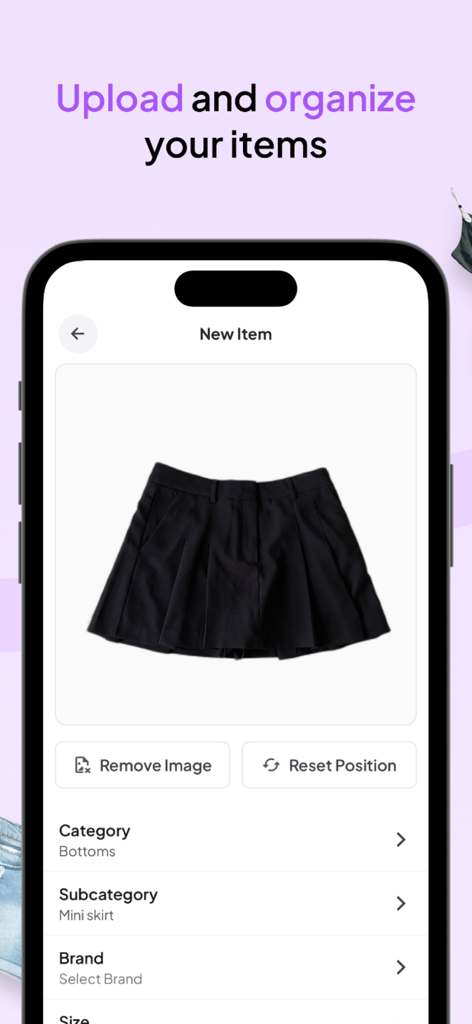 Clozzie - Your Digital Closet - Clozzie app interface for uploading and categorizing a black mini skirt in a digital wardrobe.