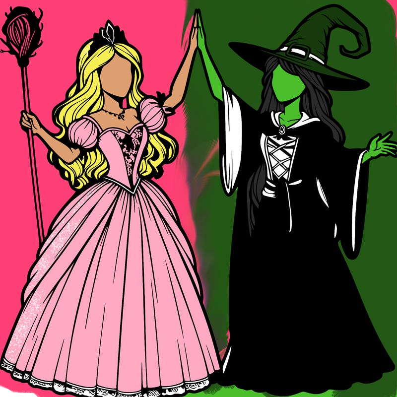 detailed realistic split of a princess and a witch