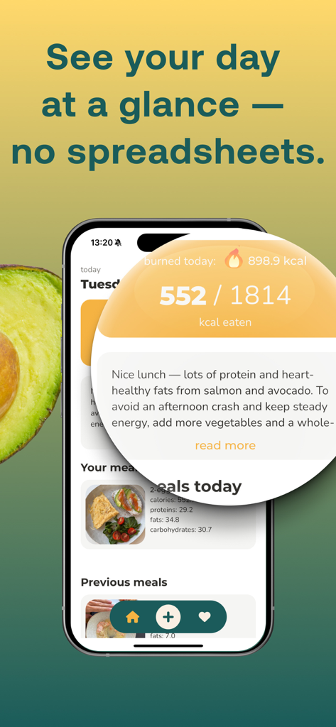 Aipa Plate app interface showing a daily calorie overview and nutritional feedback on a meal with salmon and avocado.