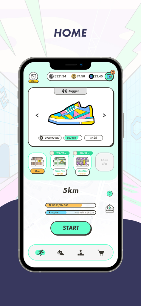 Écran d'accueil de l'application STEPN présentant une basket NFT de joggeur et un tableau de bord des récompenses de fitness