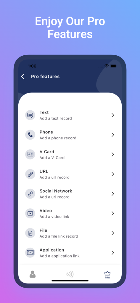 NFC TOOL - Interfaz de la aplicación NFC TOOL mostrando funciones profesionales para escribir texto, teléfono, V-Card y registros de URL en etiquetas NFC.