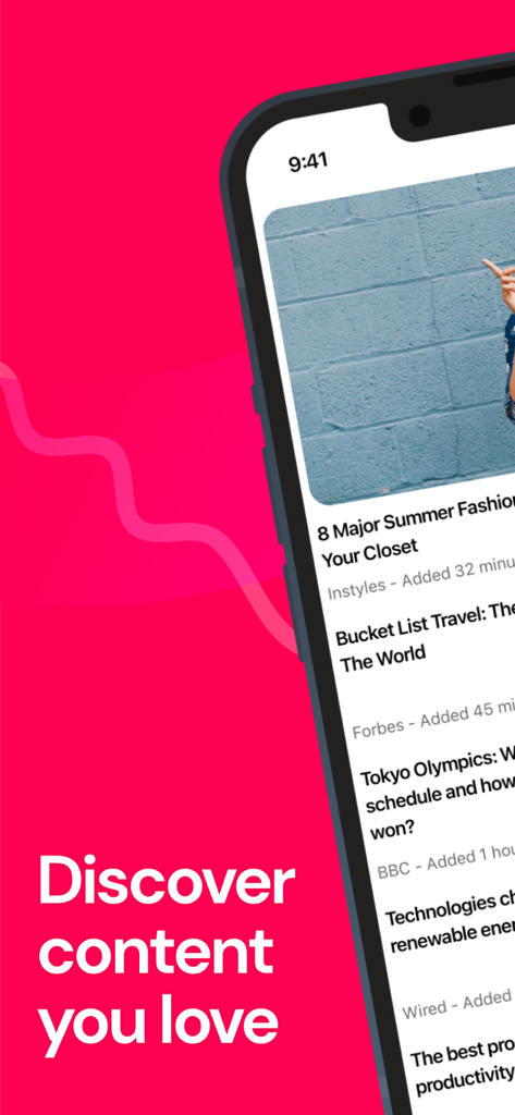 Capture d'écran de l'application Wakelet montrant un flux de contenu sélectionné avec le titre Découvrez du contenu que vous aimez