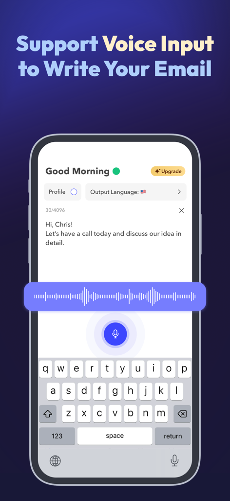 AI Email Generator: Xemail - Interfaz de la aplicación Xemail que presenta funcionalidad de entrada de voz para la redacción de correos impulsada por IA con una pantalla de onda sonora.