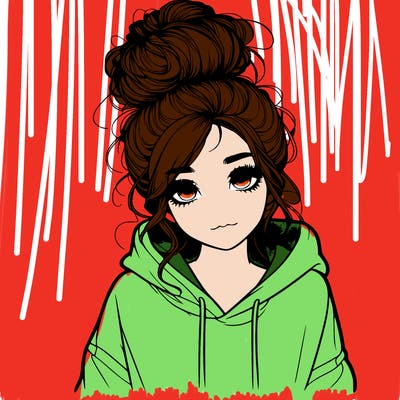 realistic girl with a massy bun and a hoodie