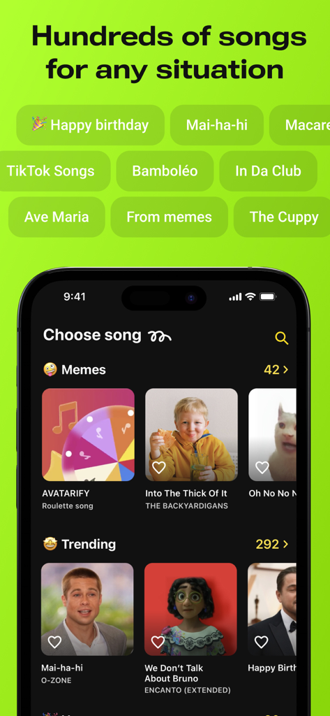 Avatarify: AI Face Animator - Avatarify app interface showing a large selection of songs and memes for AI face animation including categories like Trending and Memes.