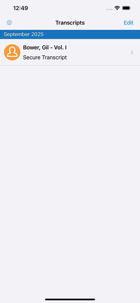 Case Notebook E-Transcript - Lista de transcripciones seguras de testigos en la aplicación móvil Case Notebook E-Transcript que muestra un archivo para Gil Bower.