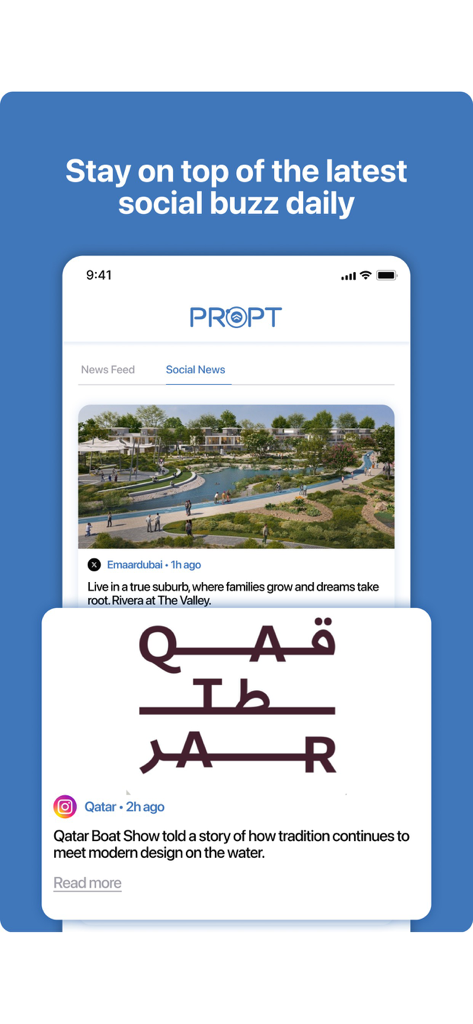 PROPT App-Oberfläche, die einen sozialen News-Feed mit Immobilien-Updates aus Dubai und Katar anzeigt