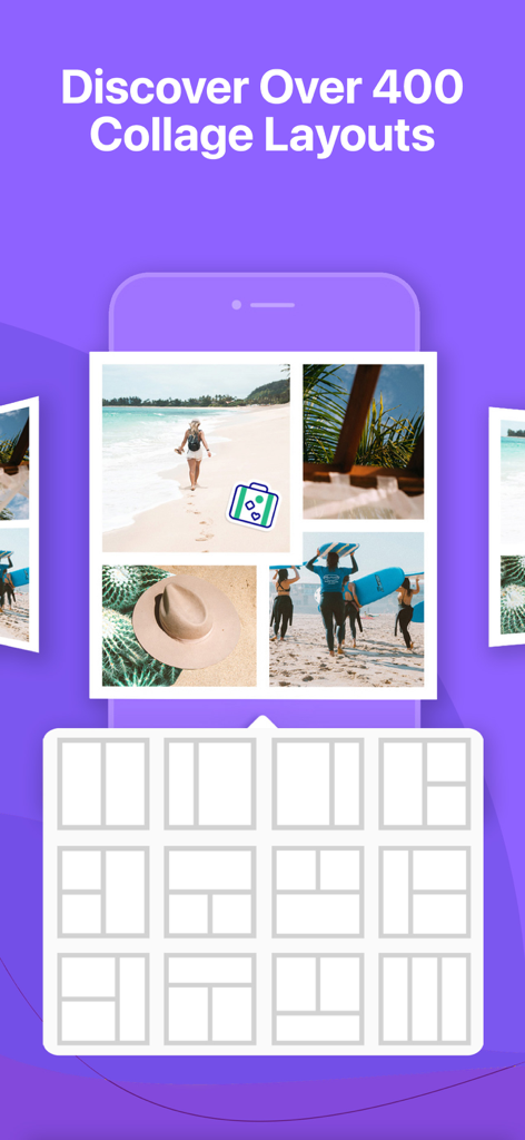 A display of over 400 collage layout templates and a sample beach vacation photo collage in the Pic Stitch app.