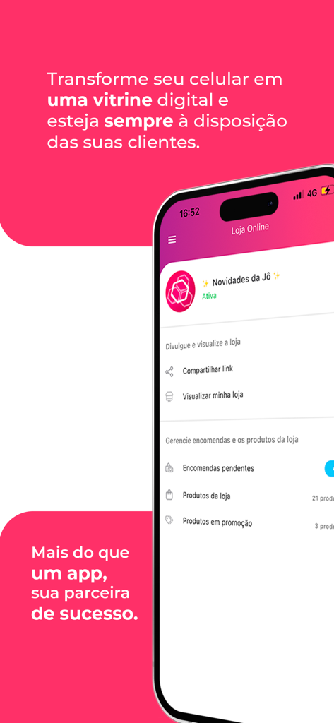 Empresária Online - Interface de aplicativo móvel para gerenciar uma loja online e vitrine digital para empreendedoras.