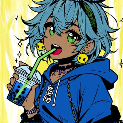 hot baddie anime girl drinking boba and biting the straw