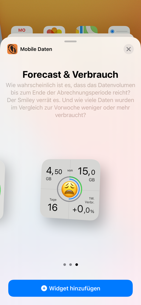 Preview of the Forecast and Consumption widget showing data usage and remaining days with a status smiley.