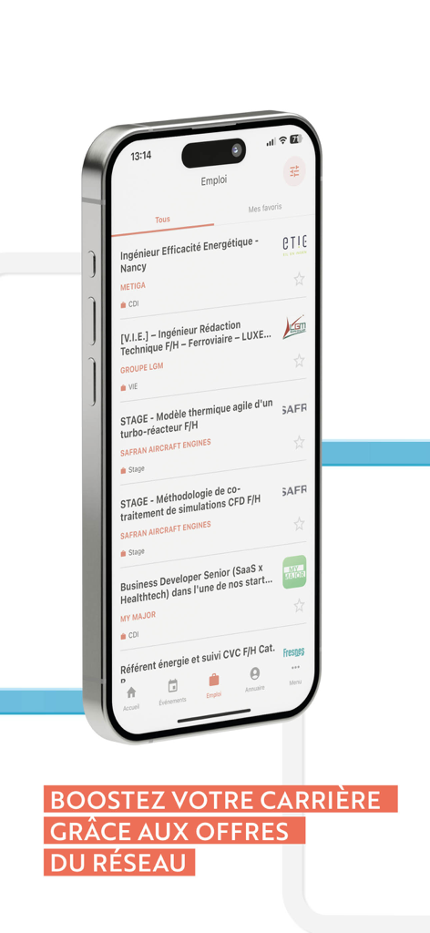 UniCA & moi - A smartphone screen displaying job and internship listings from the UniCA and moi alumni network app.