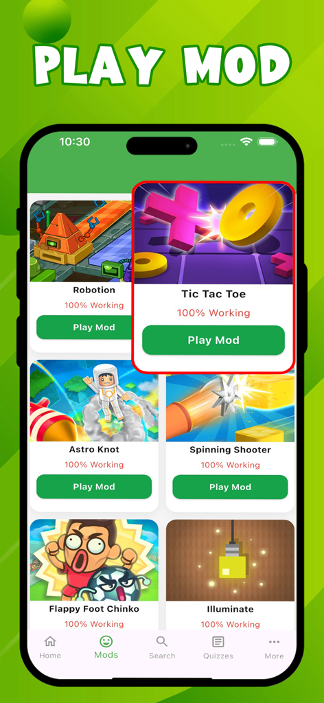 HappyMod app interface showing a variety of games including Tic Tac Toe and Astro Knot with green play buttons