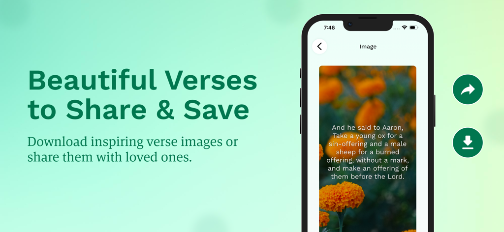 Bible - In the Name of Jesus - Mobile app screen showing an inspirational Bible verse on a floral background with options to share and download