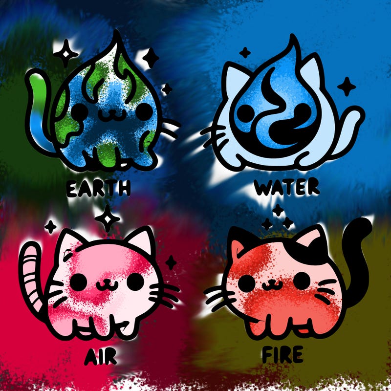 4 cats that represent the different elements, earth, water, air, and fire