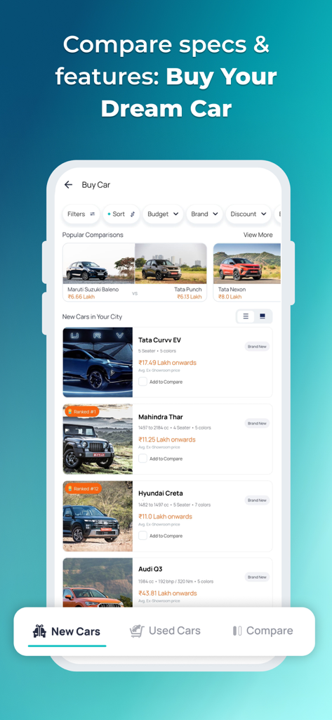 CarInfo app interface showing new car listings in India with price comparison and specifications