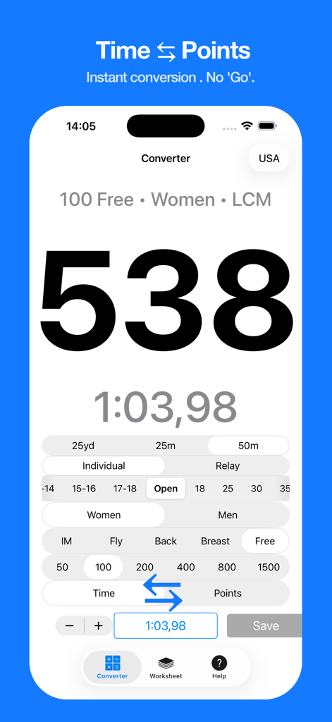 SwimX - Swim Time Converter - SwimX app interface showing the instant conversion of a women's 100 freestyle swim time to performance points.