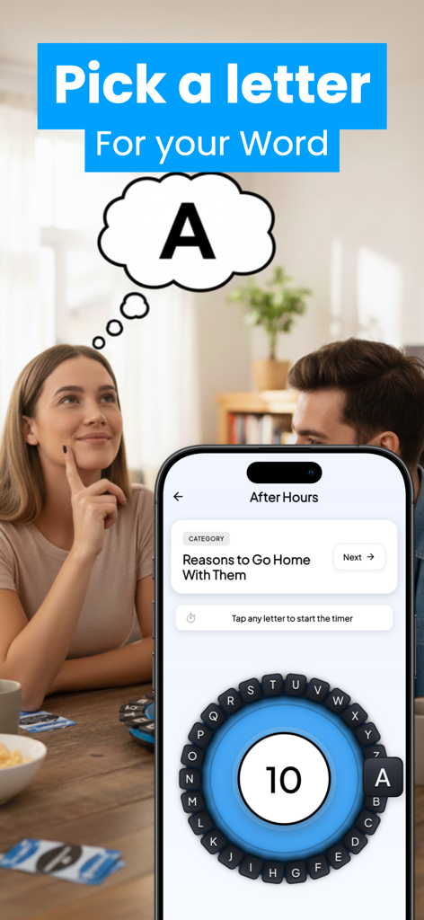 Tap Words Game - A woman thinking of a word while playing the Tap Words Game mobile app with friends