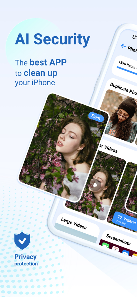 Interface de l'application AI Security montrant les fonctionnalités de nettoyage de stockage pour les photos en double et les vidéos volumineuses sur iPhone