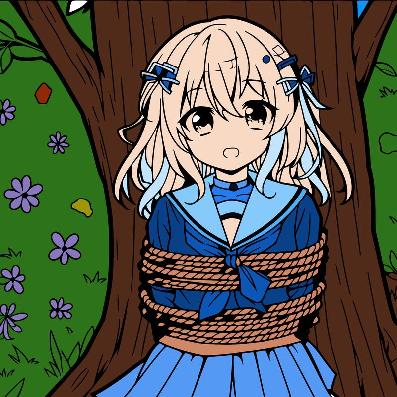 a anime girl tied to a tree