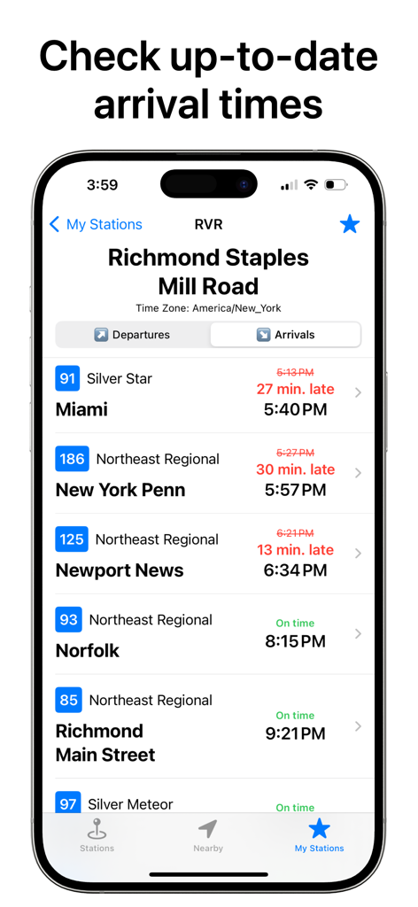 TrainTrack app screen displaying real-time Amtrak arrival times and delay status for Richmond station