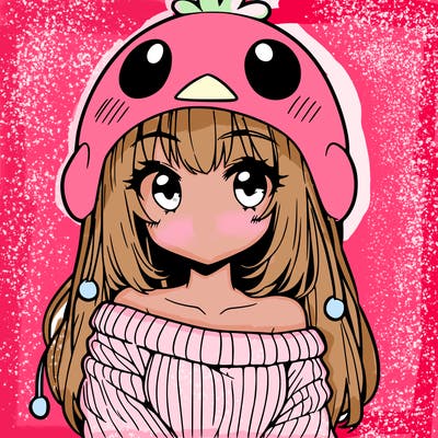 anime girl with chick shaped hat with sweater with bare shoulders with bangs covering them one eye with low tail