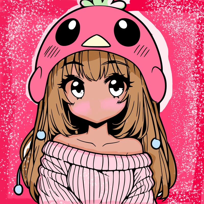 anime girl with chick shaped hat with sweater with bare shoulders with bangs covering them one eye with low tail