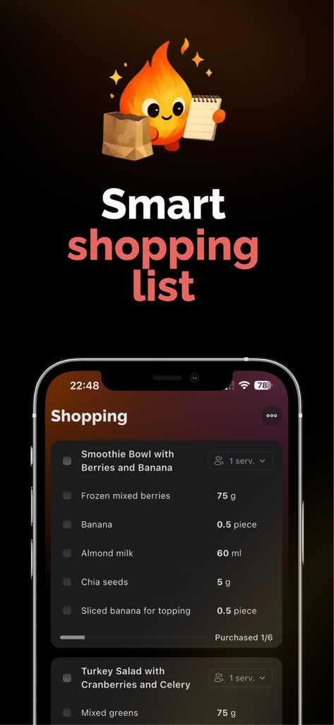 lopu: Weekly Meal Plan & Prep - Interface of the lopu app showing a smart shopping list with ingredients for a smoothie bowl and turkey salad.