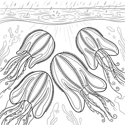 Escape the drizzle with this mesmerizing coloring page featuring elegant comb jellies gliding through an underwater scene as rain gently falls above. This unique design offers a calming and creative activity for all ages, perfect for a peaceful artistic moment.