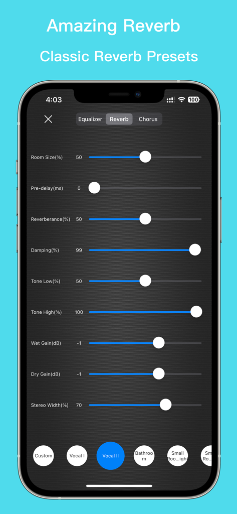 EZAudioCut app interface showing adjustable reverb settings including room size damping and presets for vocal and room effects
