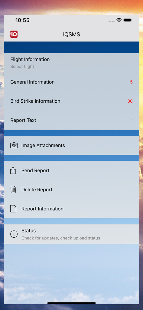 IQSMS Reporting - Mobile interface of the IQSMS Reporting app showing report fields for flight and bird strike information