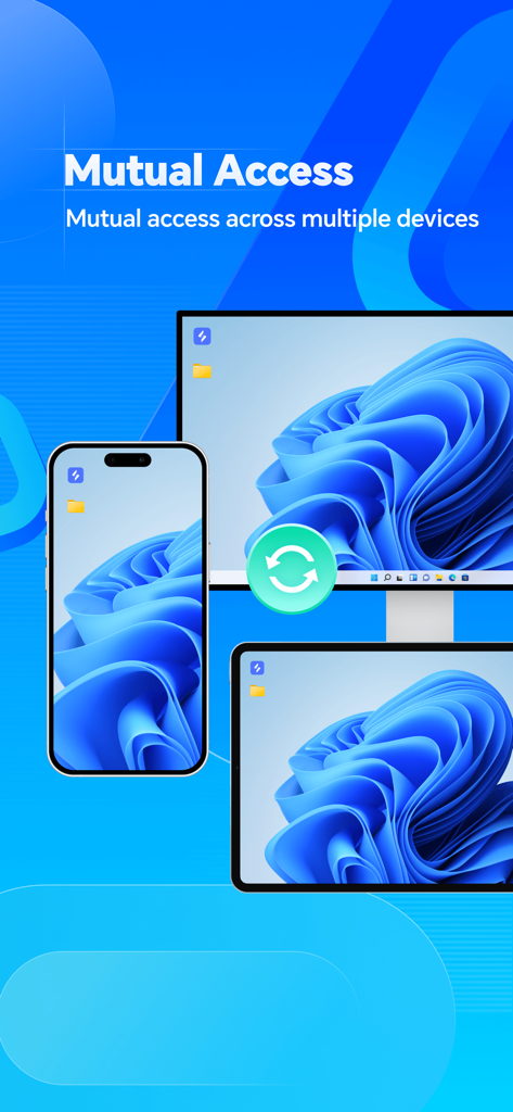 OSLink app interface showing mutual remote access across a PC, smartphone, and tablet
