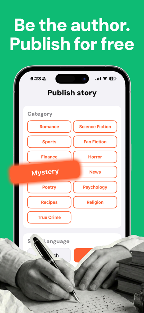 Mobile screen of Wabu app showing the publish story interface with various genre categories