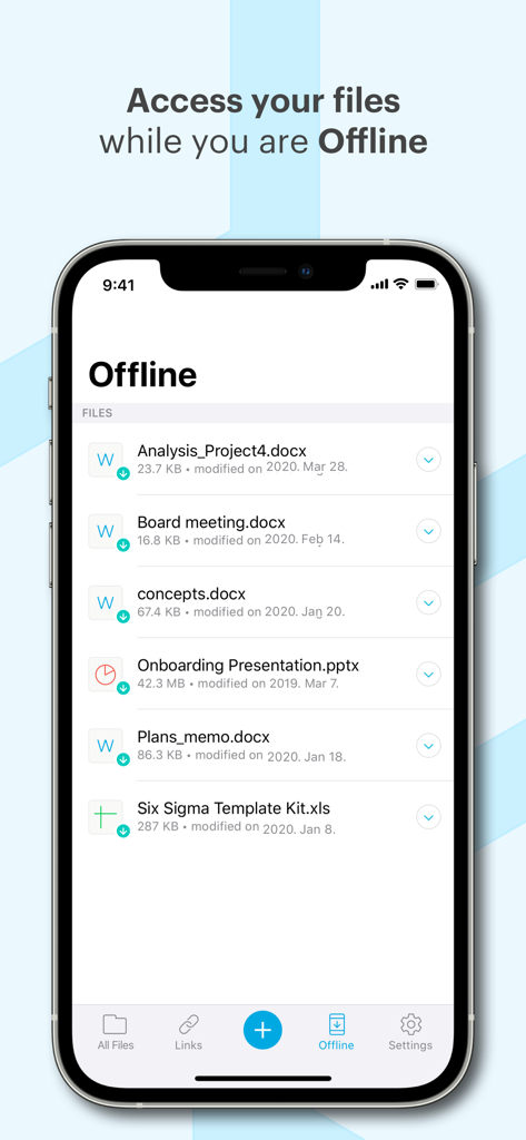 The Tresorit app interface on an iPhone displaying a list of secure files available for offline access.