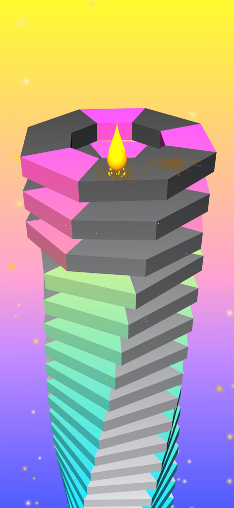 Yellow ball smashing through colorful platform stacks in Crush Ball game