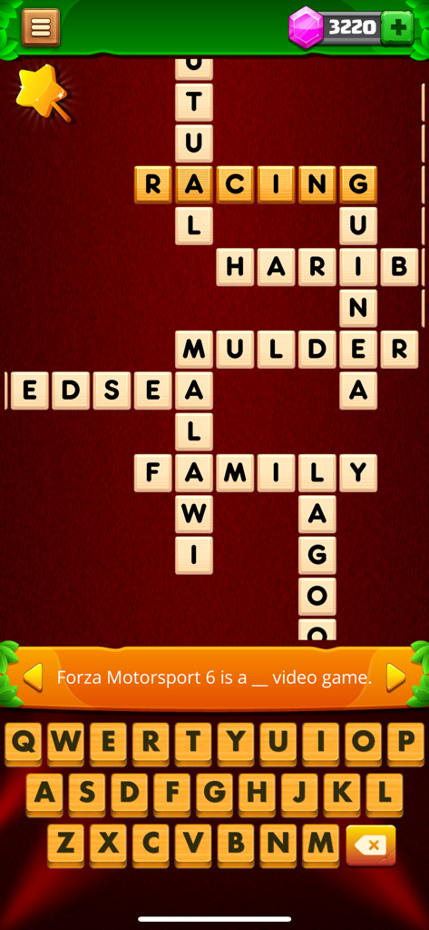 Crossword Master - Word Link - Crossword puzzle gameplay interface showing a grid of letters and a trivia clue on a mobile device.