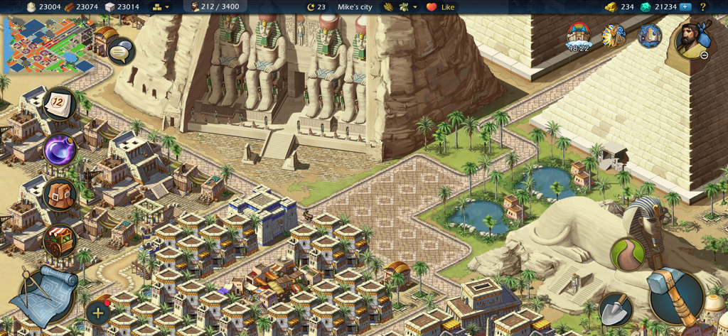 Ancient Egyptian city layout in Sim Empire showing Pyramids and the Sphinx