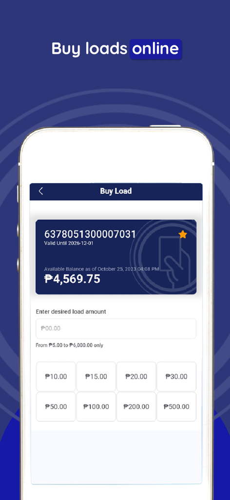 Interface of the beep app showing the online load purchase screen with preset amount options for a transit card