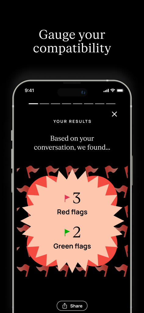 Amori: personal dating coach - A screen from the Amori app showing the results of a conversation analysis with 3 red flags and 2 green flags to gauge compatibility.