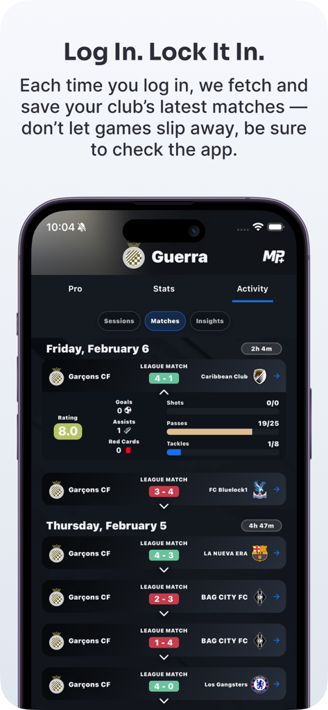 MyPlayer+ - Match-Aktivität und Spielerstatistiken-Dashboard in der MyPlayer plus mobilen App.
